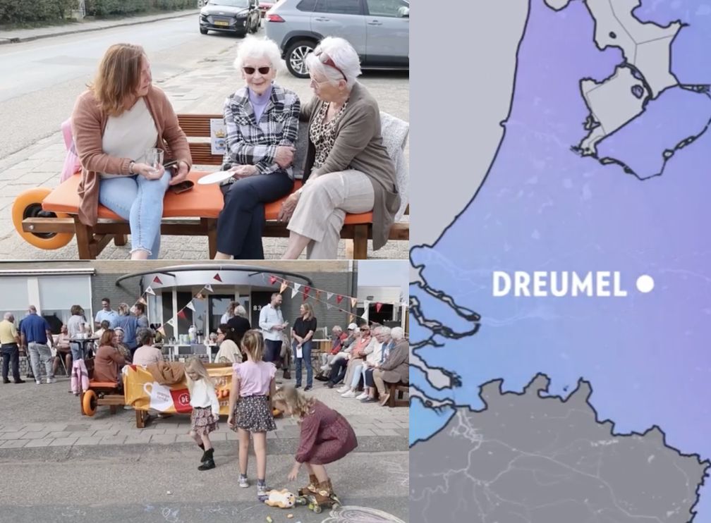 Buren op de oranje rollende bank in de straat, kinderen spelen tijdens een buurtmiddag, en een kaart met Dreumel